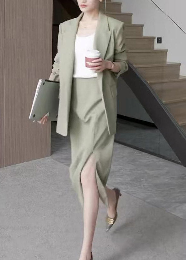 Light Green Notche Coats and Maxi Skirts Two Pieces Set Spring