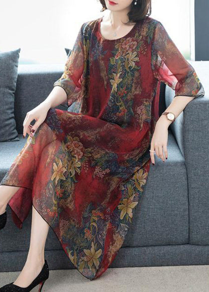 Loose Red O-neck Print Chiffon Holiday Maxi Dress Summer