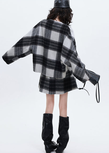 Art Grey Oversized Plaid Woolen Coats and Skirts Two Pieces Set Spring
