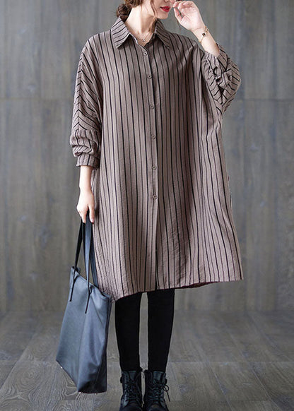 Khaki Peterpan Collar Button Striped Fall Long Sleeve Top