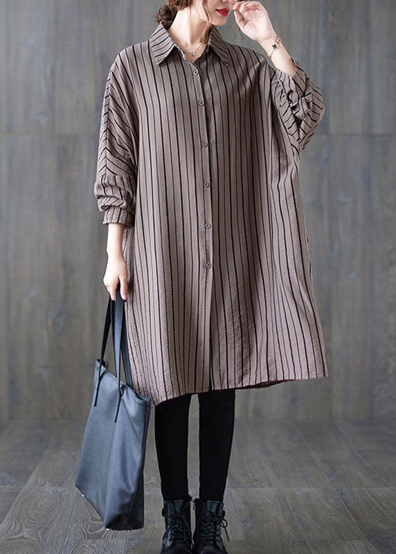 Khaki Peterpan Collar Button Striped Fall Long Sleeve Top