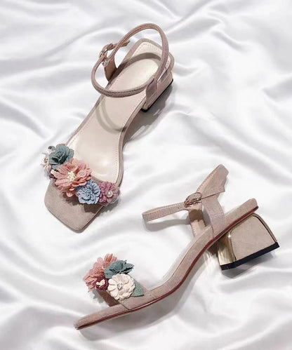Classy Apricot Buckle Strap Chunky Heel Sandals Peep Toe