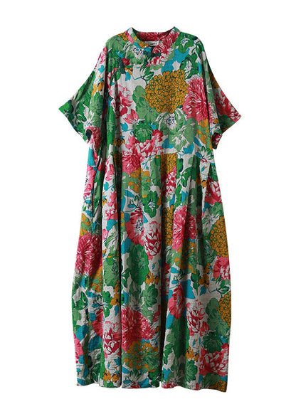 Green Mandarin Collar Cinched Print Maxi Dress Half Sleeve