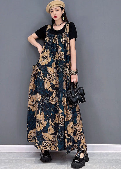 Chocolate Big Pockets Side Open Print Cotton Long Dresses Summer