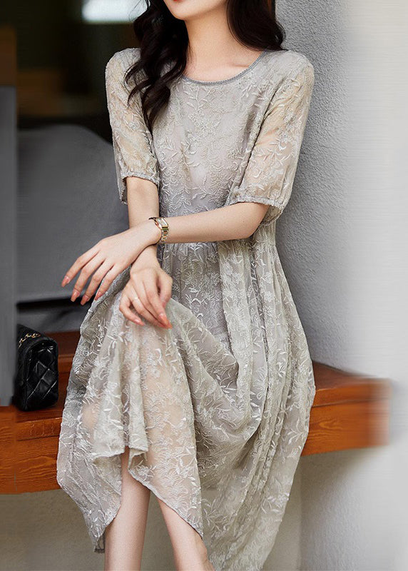 Grey Embroideried Wrinkled Patchwork Lace Dresses Summer