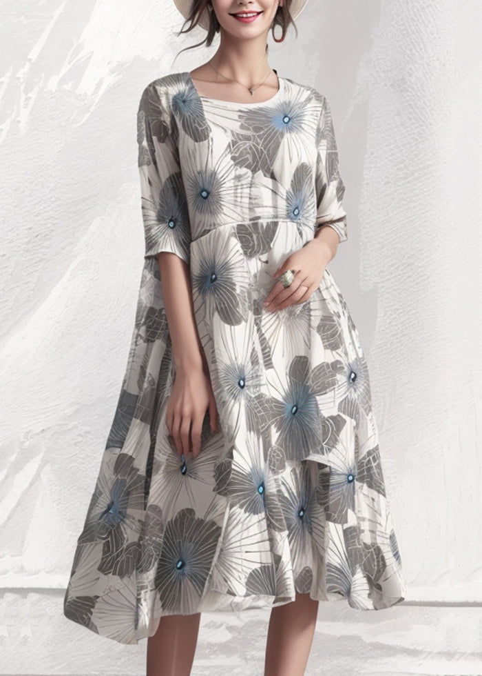 Modern Grey Oversized Print Silk Dress Summer