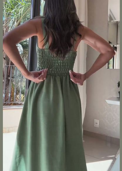 Green Tie Waist Patchwork Cotton Spaghetti Strap Dress Sleeveless