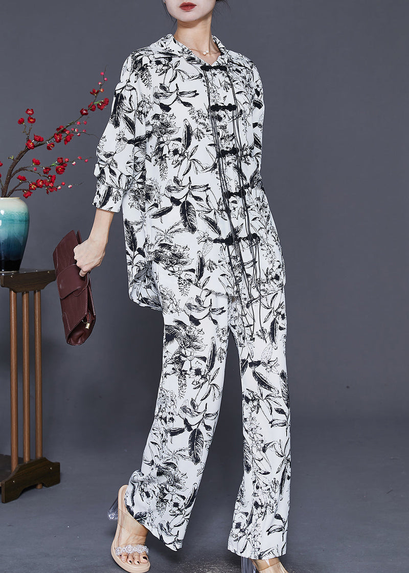 Style White Oriental Tasseled Print Cotton Two Pieces Set Spring