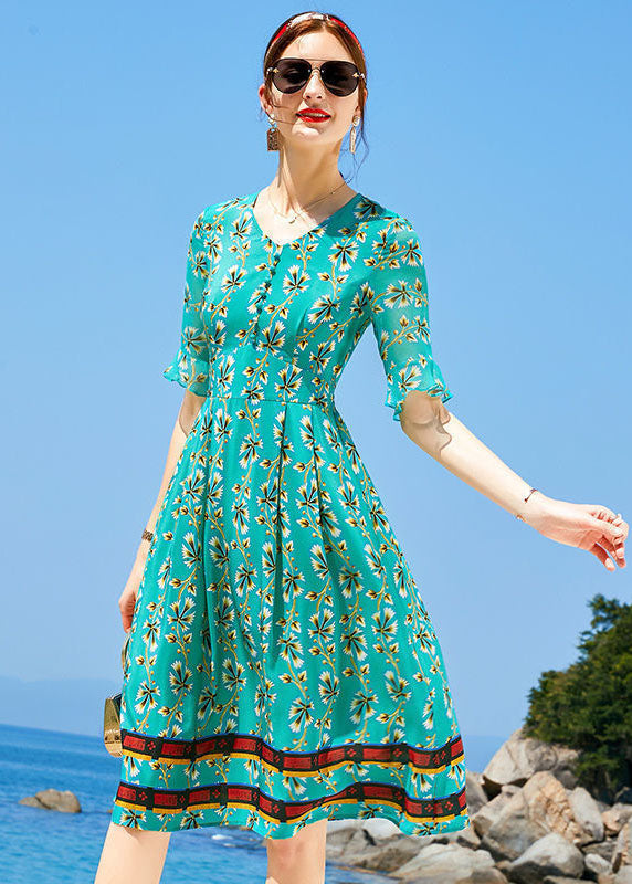 Peacock Green V Neck Print Elastic Waist Silk Dress Short Sleeve