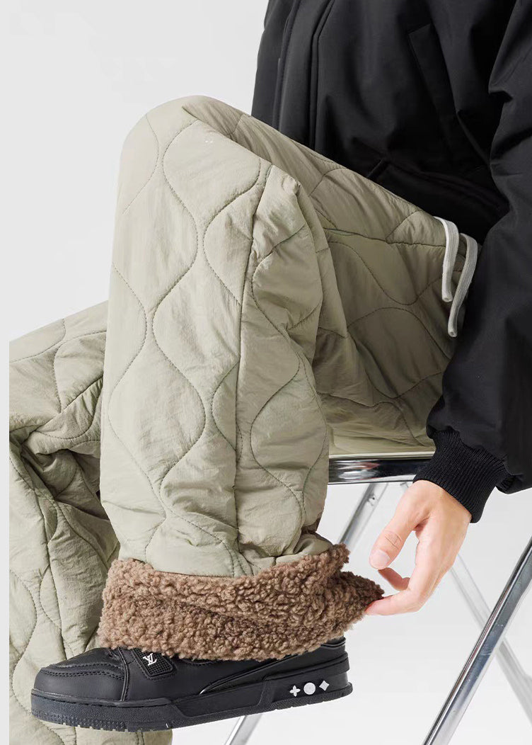 Loose Light Green Original Design Elastic Waist Patchwork Warm Fleece Pants Winter