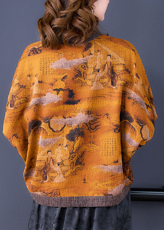 Yellow V Neck Patchwork Silk Upf 50+ Coat Outwear Batwing Sleeve