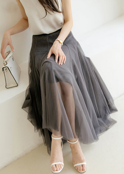 New Grey High Waist Tulle Pleated Skirt Summer