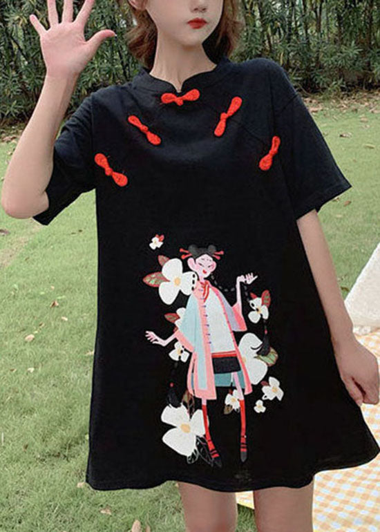 Black Print Student Dress Button Zip Up Short Sleeve Summer