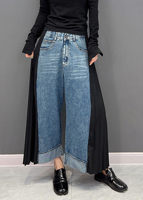 Blue Chiffon Patchwork High Waist Dnime Straight Pants Spring