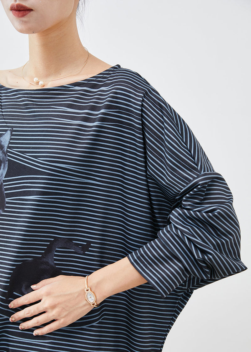 Black Asymmetrical Striped Cotton Blouses Fall