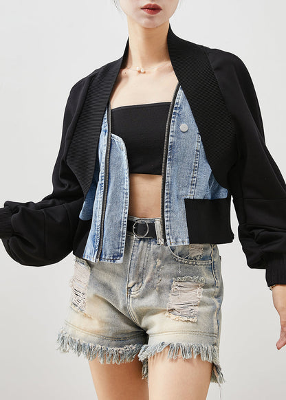 Black Oversized Patchwork Denim Fake Two Piece Coats Spring