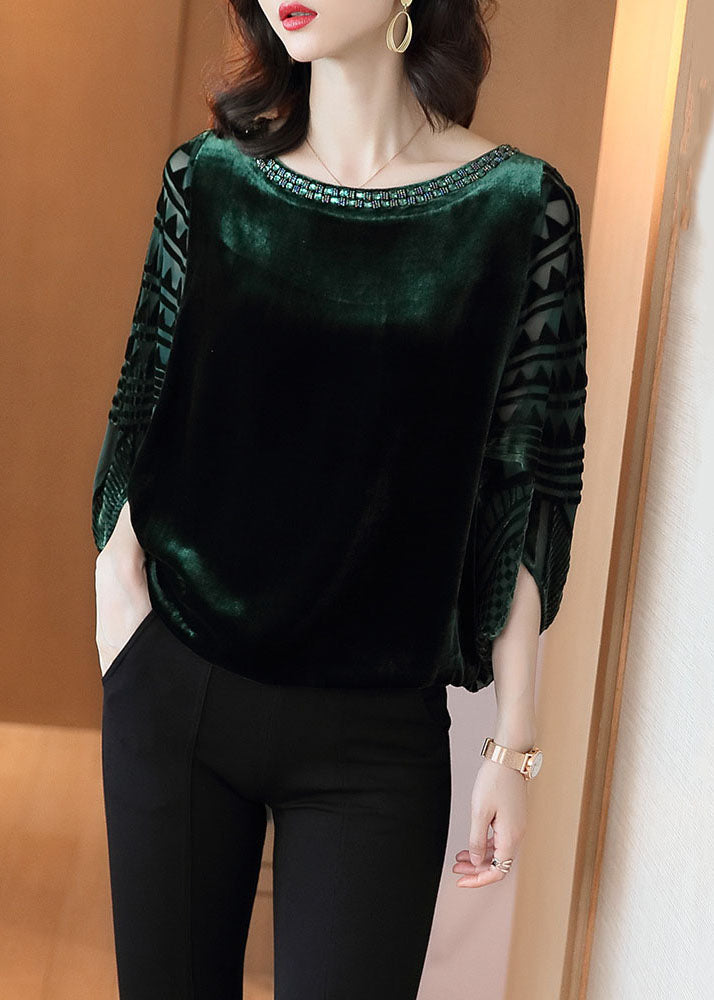 Blackish Green Zircon Patchwork Silk Velour Top Batwing Sleeve