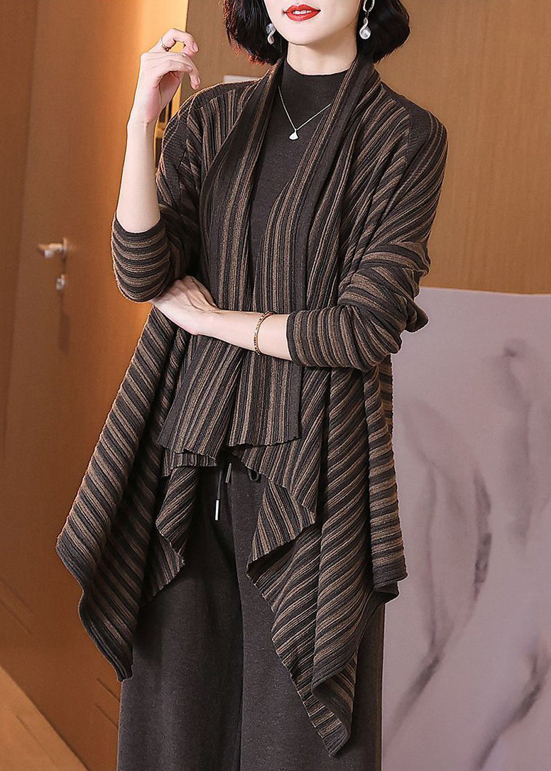 Coffee Striped Asymmetrical Cotton Knit Cardigan Spring
