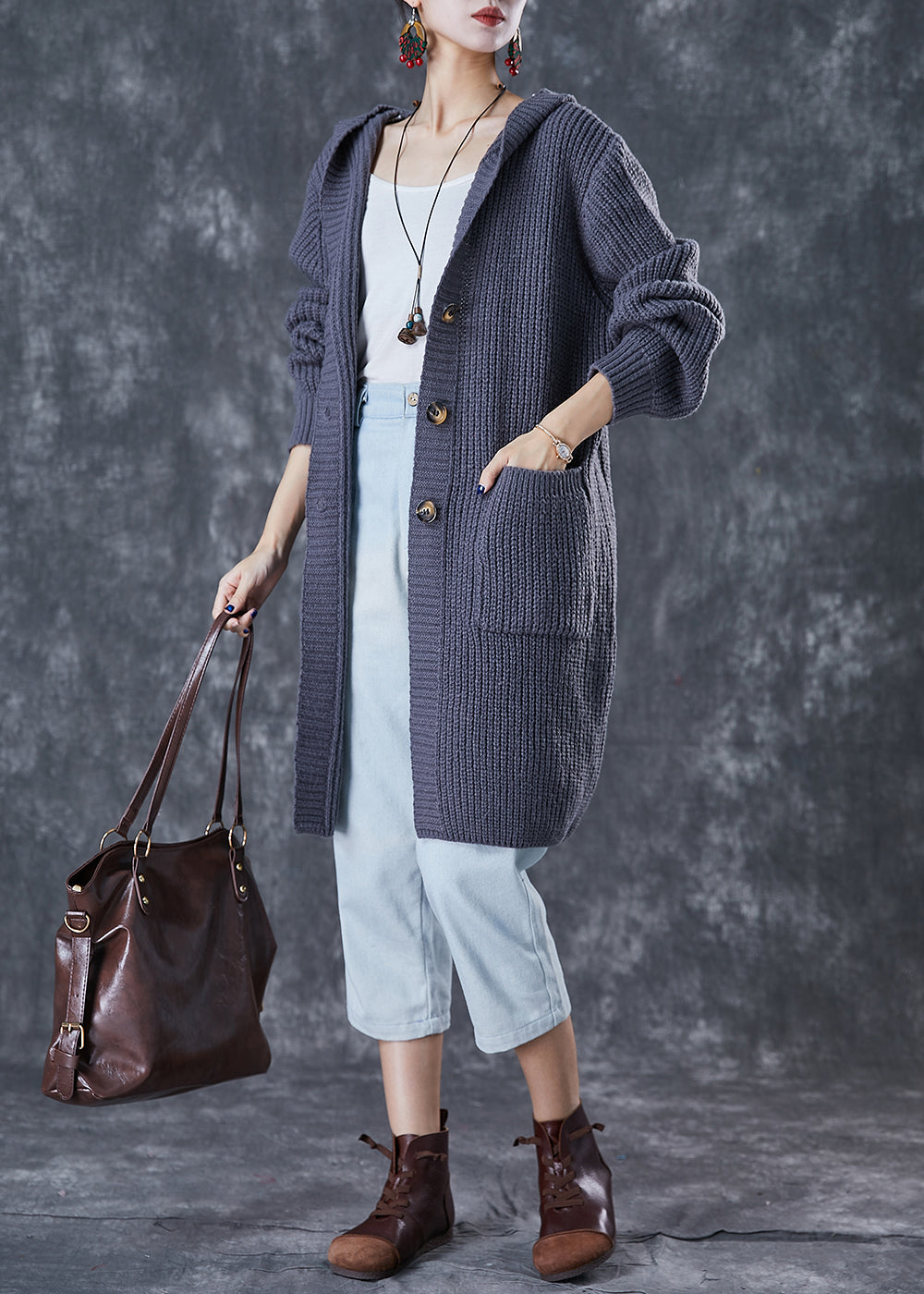 Grey Hooded Oversized Knit Cardigan Fall