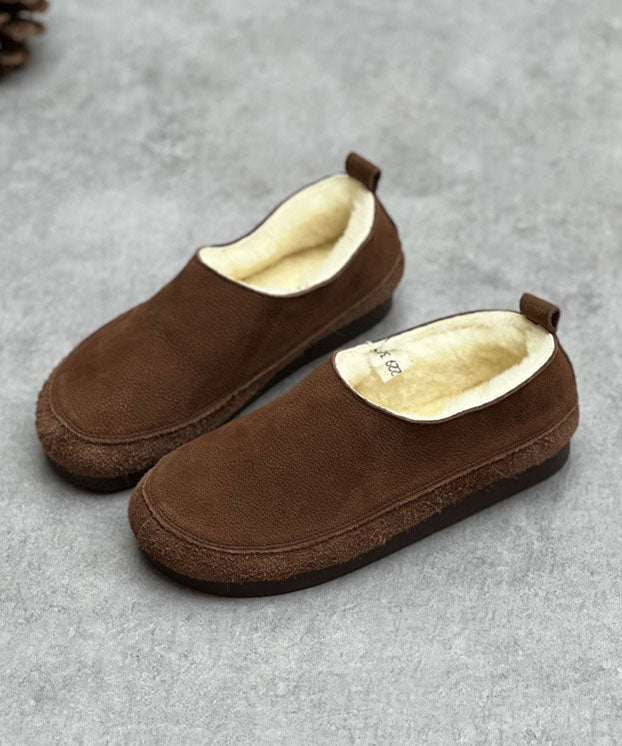 Chocolate Flats Cowhide Leather Fuzzy Wool Lined Flats