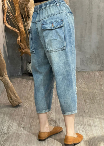 New Light Blue Hole Pockets Elastic Waist Denim Crop Pants Spring
