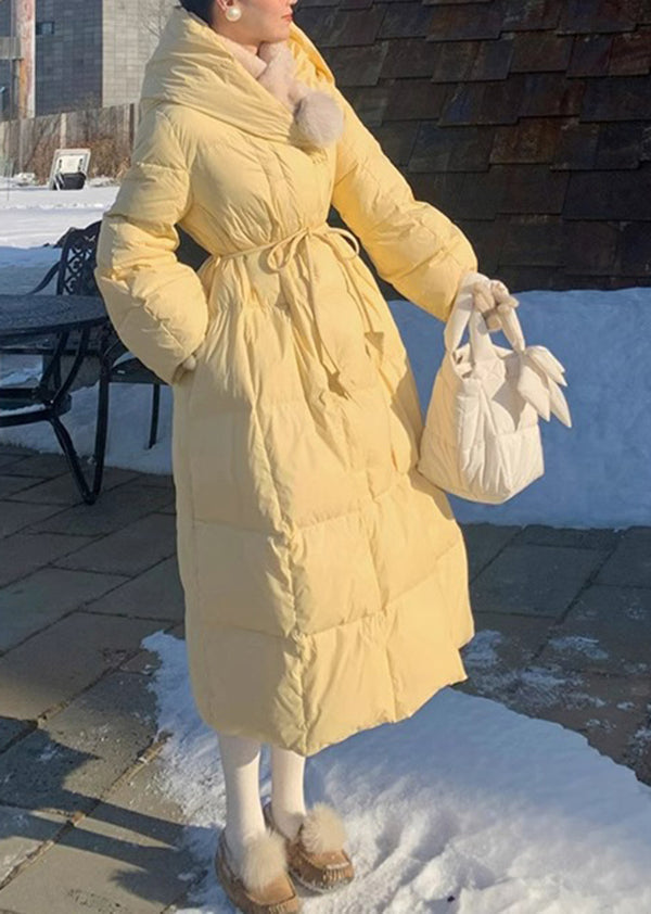 Yellow Hooded Tie Waist Fine Cotton Filled Puffers Jackets Winter