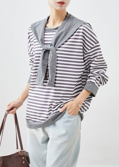 Organic Grey Oversized Striped Cotton Sweatshirt Fall