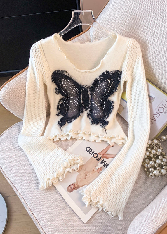 White Butterfly Patchwork Knitted Tops Flare Sleeve Fall