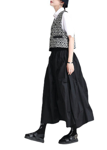 Style Black Elastic Waist Oversized Wrinkled Cotton a Line Skirts