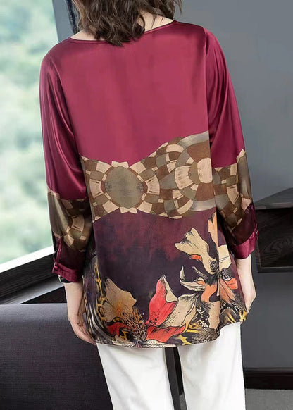 Wine Red Print Patchwork Silk Tops Long Sleeve