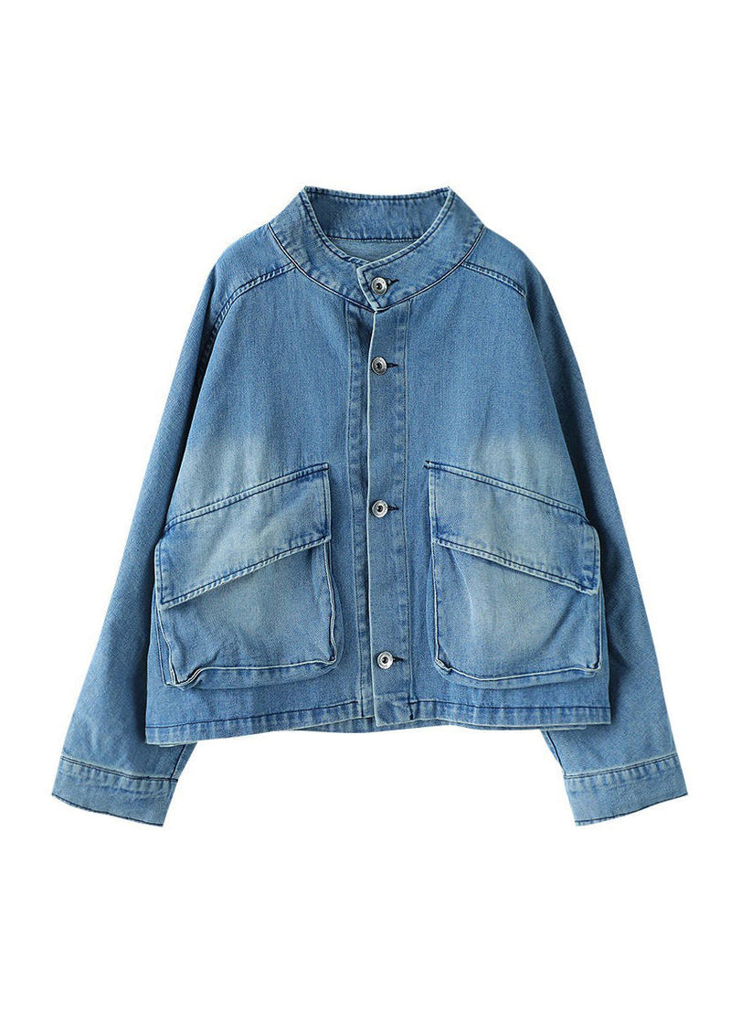 Blue Stand Collar Button Big Pockets Denim Coat Long Sleeve