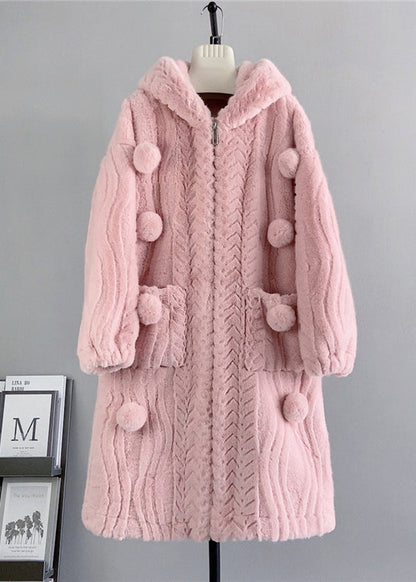 Loose Beige Zip Up Fuzzy Ball Decorated Mink Velvet Hoodie Coat Winter