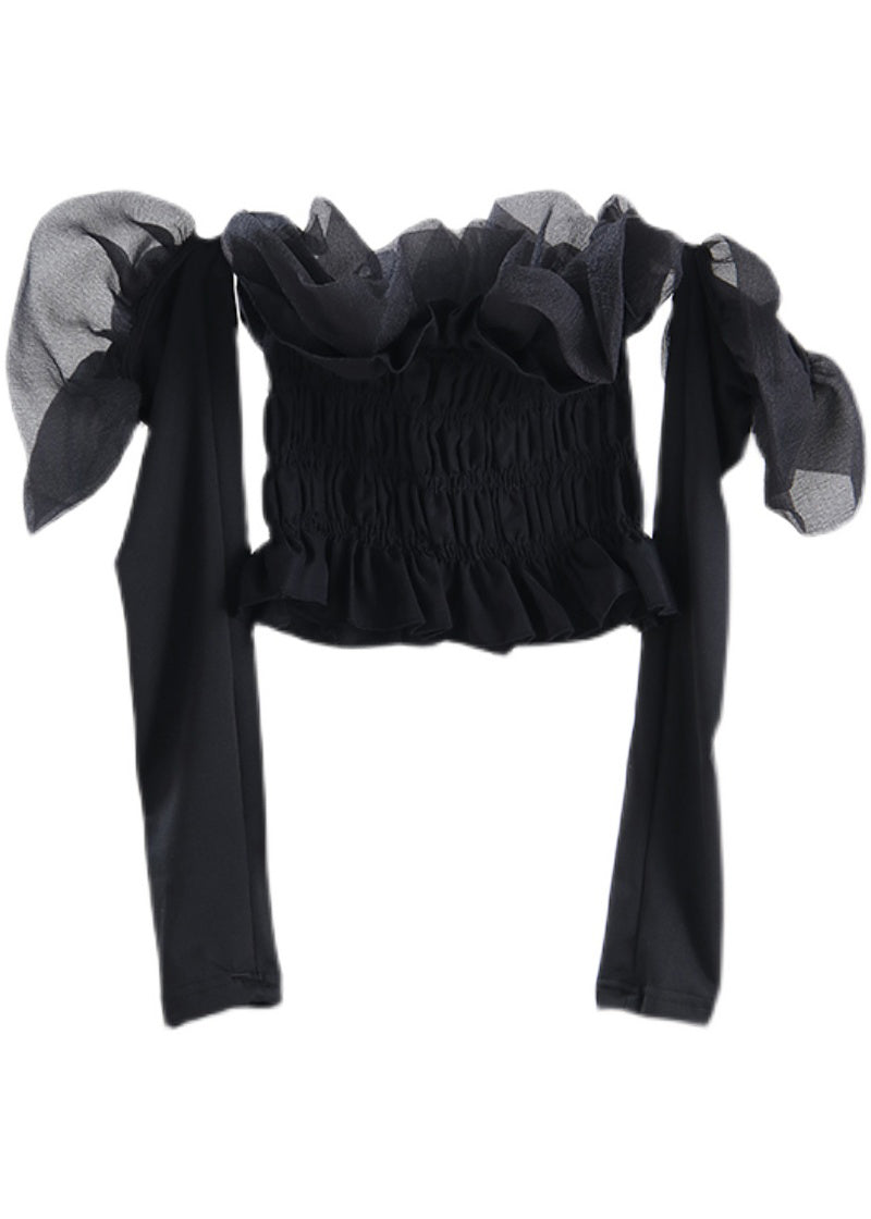 Diy Black Ruffled Tulle Wrinkled Cotton Top Long Sleeve
