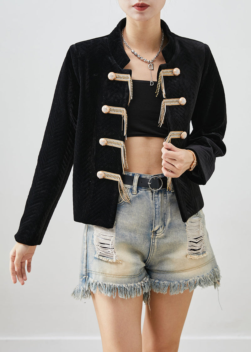 Black Tasseled Metal Buttons Silk Velour Jacket Fall