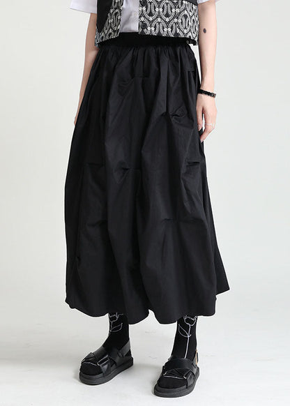 Style Black Elastic Waist Oversized Wrinkled Cotton a Line Skirts