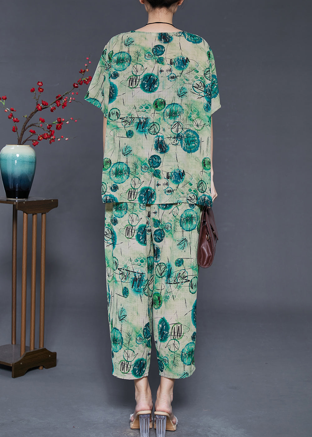 Green Oversized Print Cotton Two Pieces Set Summer