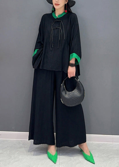 Black Print Button Shirts and Wide Leg Pants Two Piece Set Long Sleeve