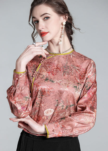Pink O Neck Jacquard Chinese Button Patchwork Silk Shirt Spring