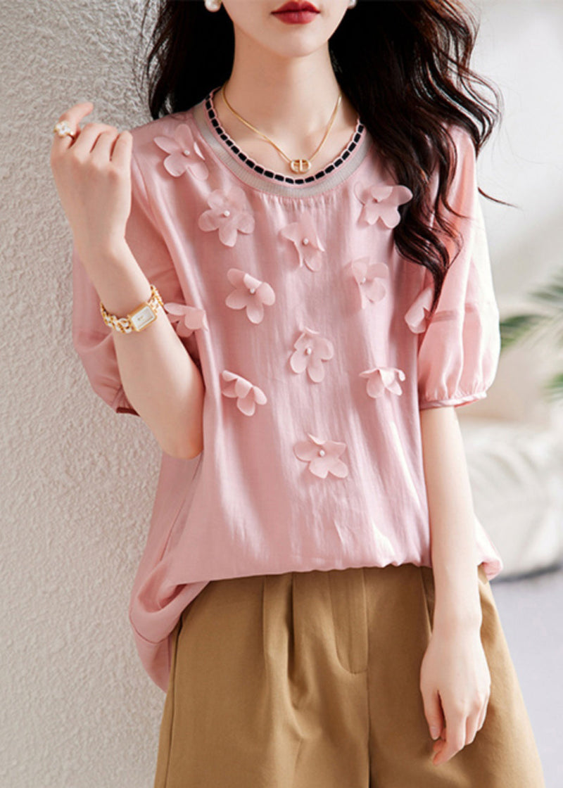 Pink Knit Patchwork Chiffon Shirt Summer