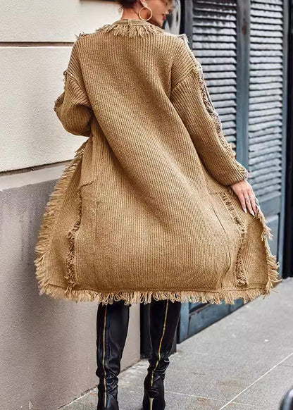 Khaki Pockets Tassel Long Knit Cardigan Spring