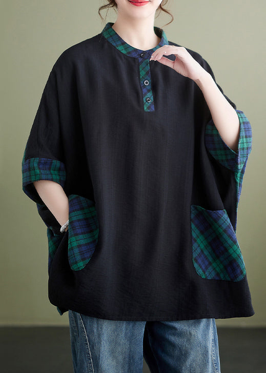 Plaid Button Pockets Patchwork Cotton Tops Batwing Sleeve