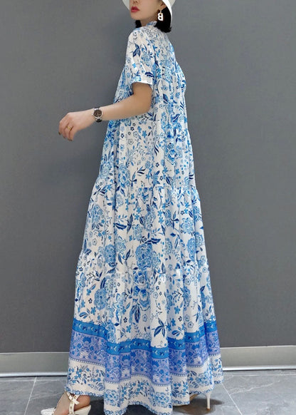 Blue Wrinkled Chiffon Long Dress Short Sleeve Summer