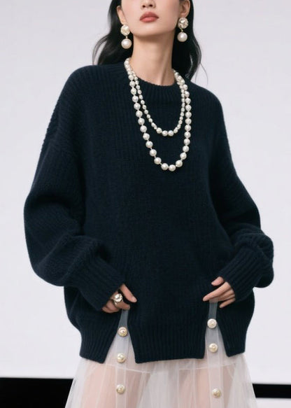 Black O Neck Side Open Knit Pullover Fall