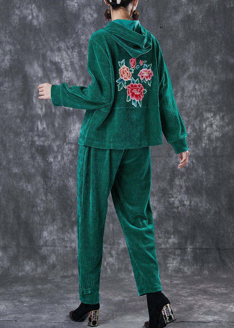Art Green Embroideried Chinese Button Corduroy Two Piece Suit Set Spring