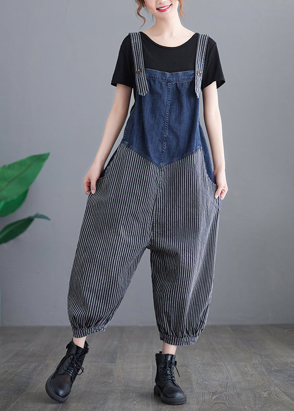 French Navy Striped Pocket Patchwork Denim Overalls Jumpsuit Spring