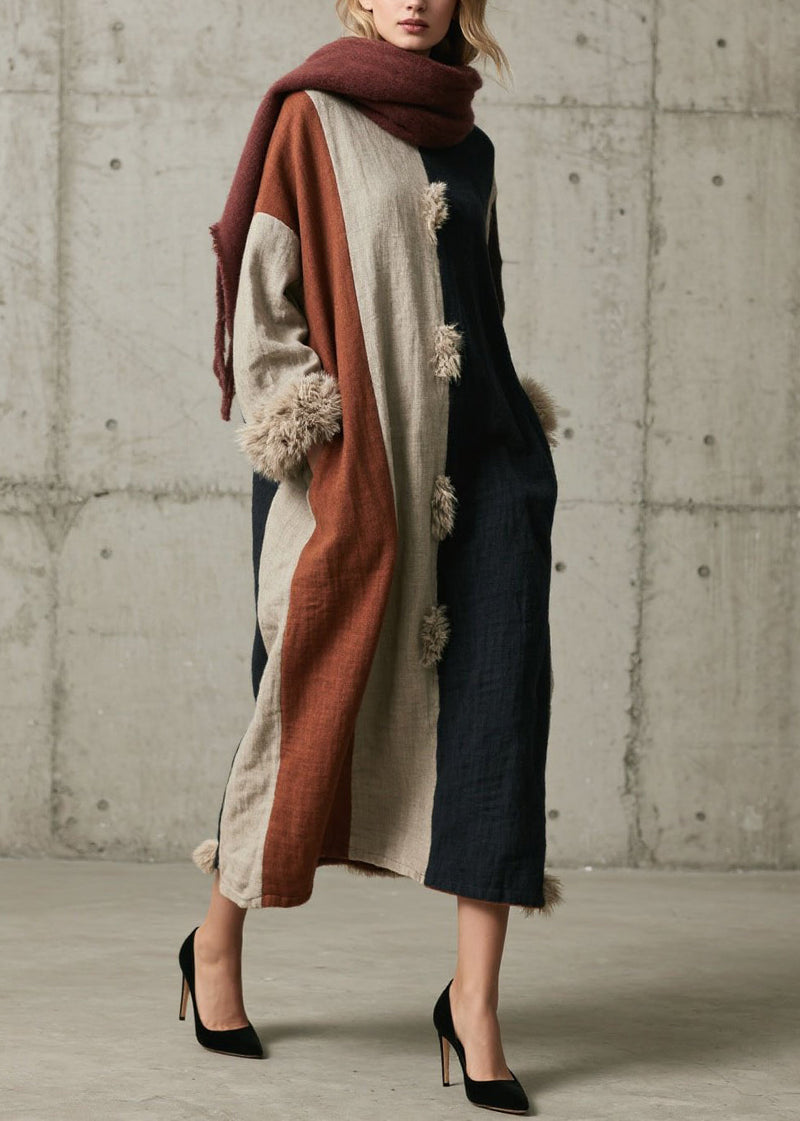 Colorblock Fuzzy Fur Fluffy Patchwork Cotton Dress Fall