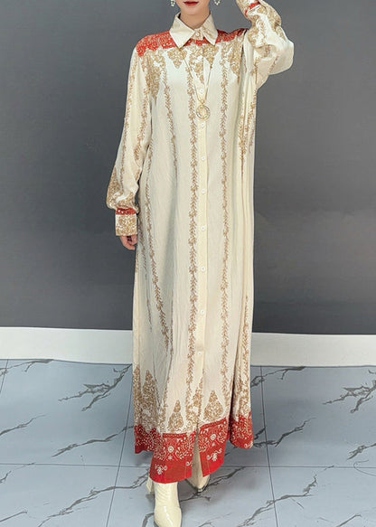 Red Print Button Holiday Maxi Shirts Dresses Fall