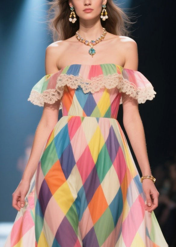 Multicolour Plaid Exra Large Hem Chiffon Strapless Dress Summer