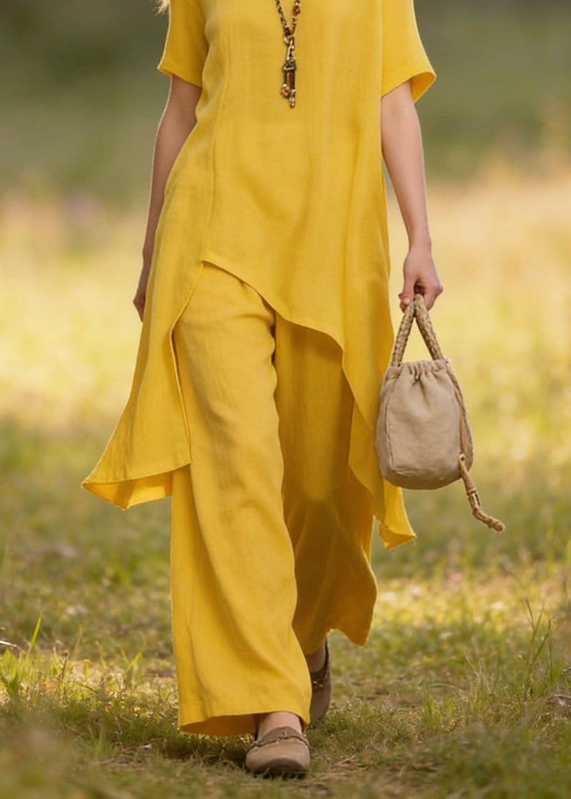 Yellow Asymmetrical Cotton Sets 2 Pieces Summer