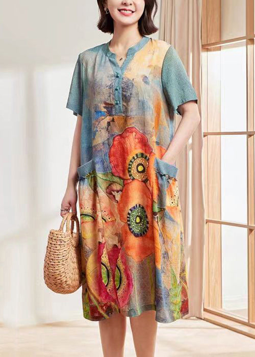 Blue Print Pockets Cotton Dresses Short Sleeve
